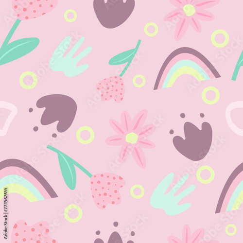 Seamless children s pattern with magical flowers and rainbow. Creative children s urban texture for fabric  packaging  textiles  wallpaper  clothing. Seamless background with creative decorative ones.