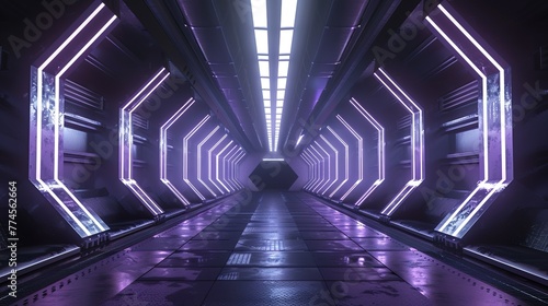 A futuristic tunnel with pulsating lights and geometric shapes, creating a sense of movement and energy.