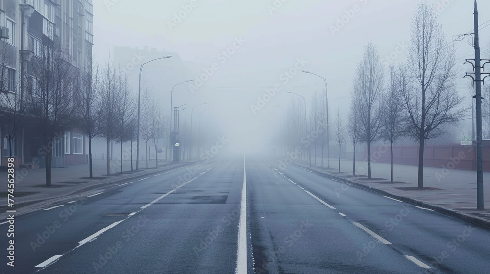 High quality photo of an empty street in thick fog. The atmosphere of danger, loneliness and mysticism. Generative AI