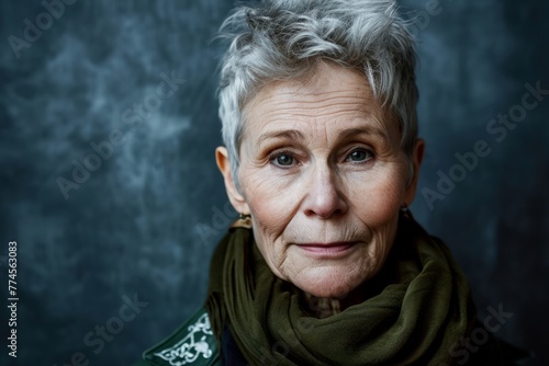 Portrait of an elderly woman with a scarf on her head.