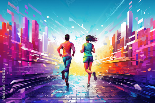 athletic runner person run on futuristic city .generated AI © Phichitpon