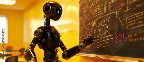 Robot teaching mathematics, soft yellow lighting, classroom setting, side angle