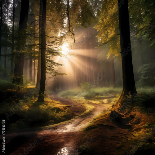A serene forest with sunlight filtering through treetops © Cao