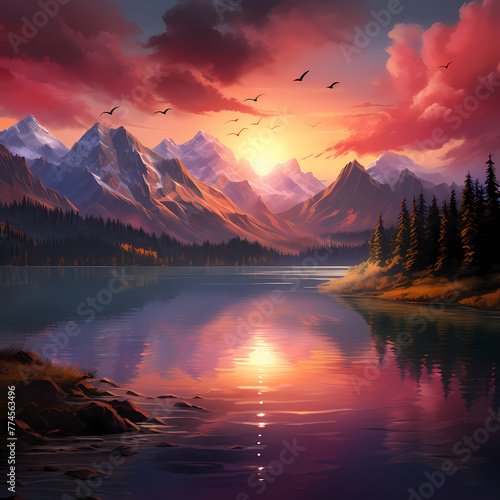A serene sunset over a mountain lake.