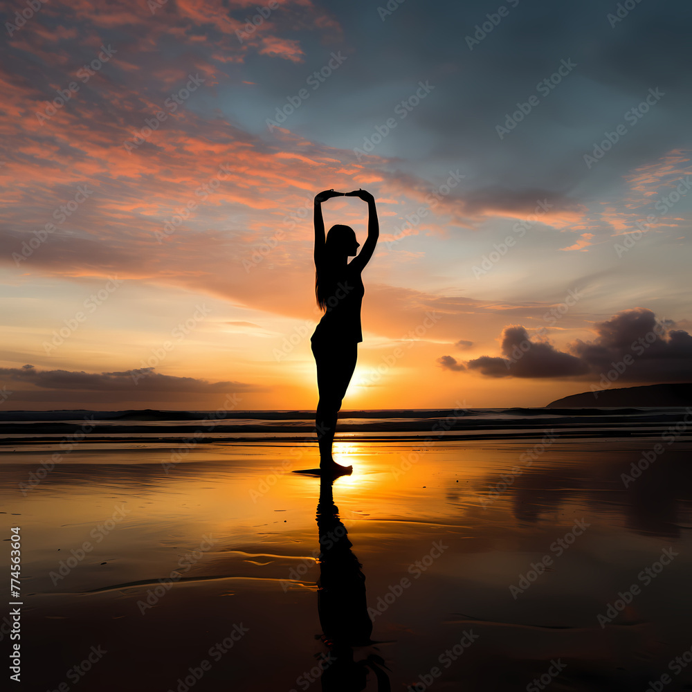 A silhouette of a person practicing yoga on a beach