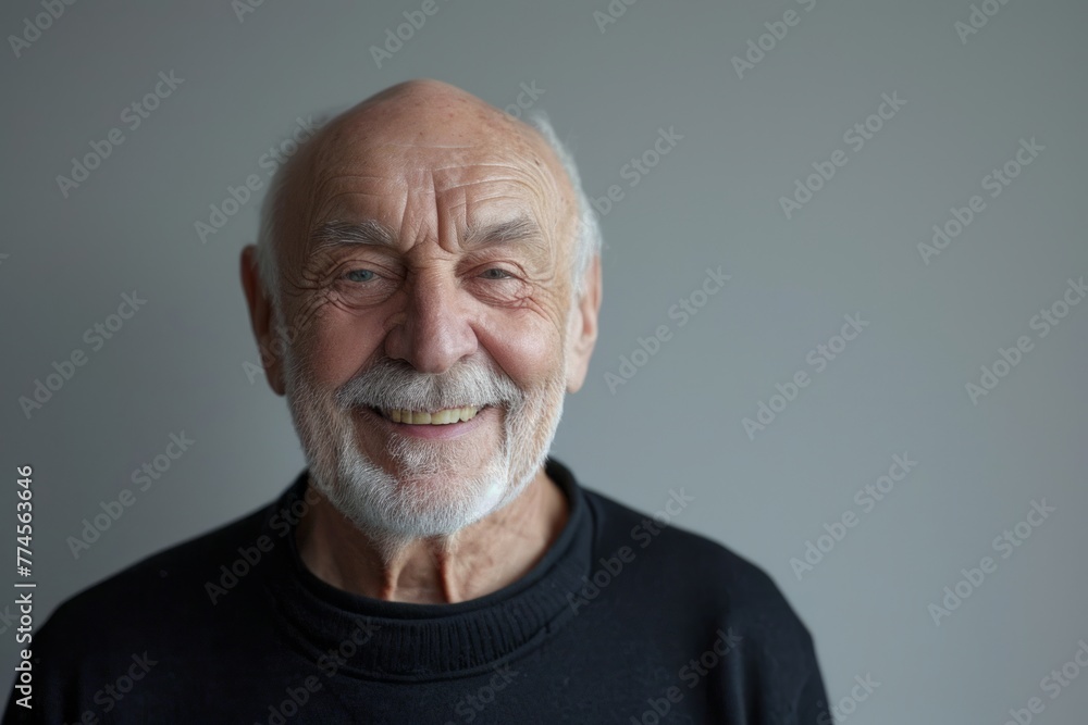 Portrait of a smiling senior man looking at the camera. Gray background. Portrait of a smiling senior man looking at the camera. Gray background.