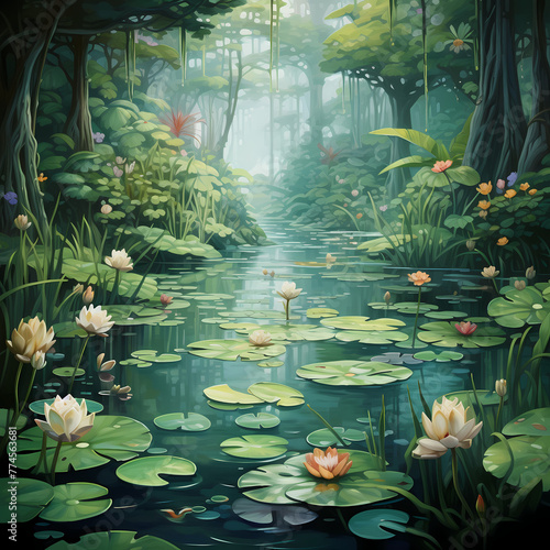 A tranquil pond with lily pads and frogs.