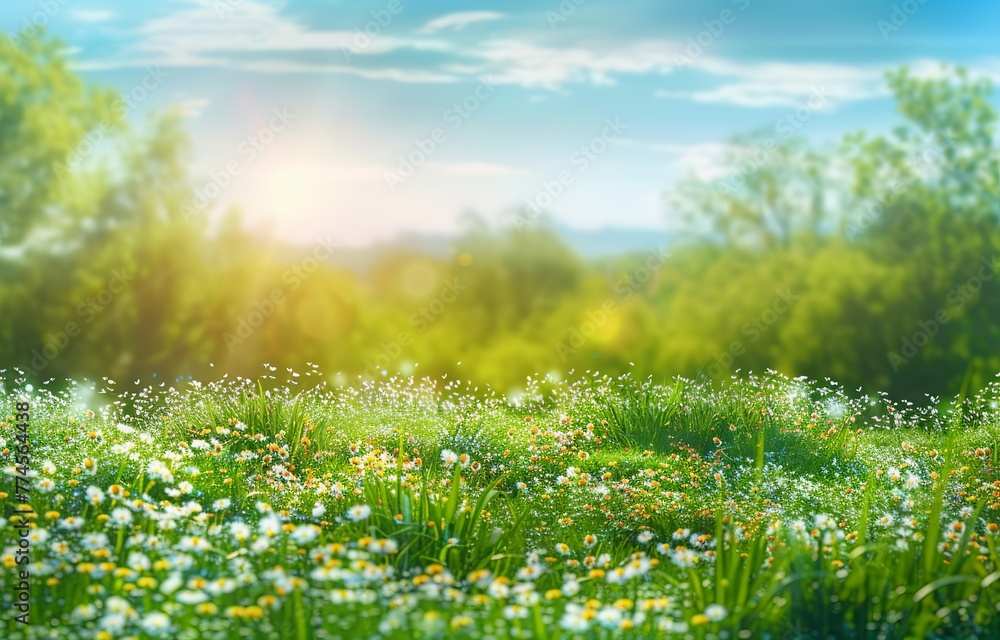 Beautiful blurred spring scene, adorned with a blossoming glade, trees, and a sunny blue sky, captures the essence of nature's beauty