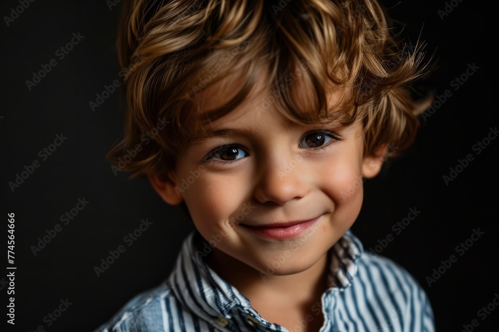 Portrait of a cute little boy with curly hair on a dark background Portrait of a cute little boy with curly hair on a dark background