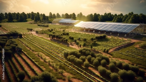 Solar panels in a field. Concept of renewable energy