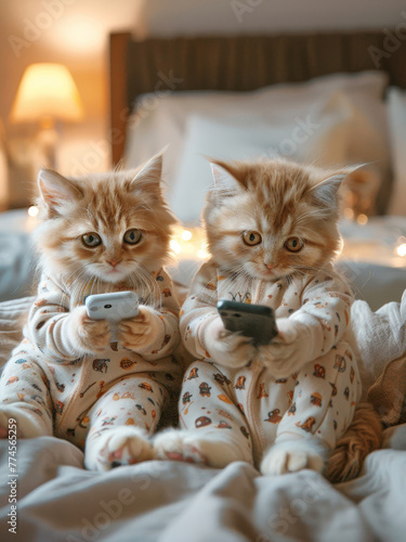 Kittens with Smartphones in Cozy Pajamas