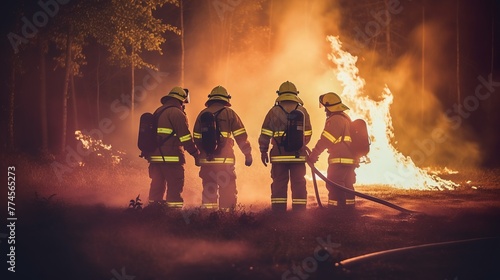 Firefighters fighting a fire in a burning building. Firefighters training