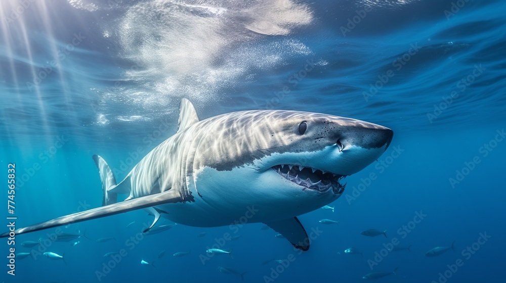 Fototapeta premium Great White Shark (Carcharodon carcharias) in blue water