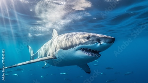 Great White Shark  Carcharodon carcharias  in blue water