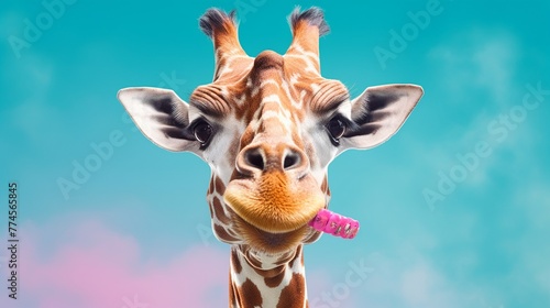 giraffe with toothbrush in mouth, isolated on blue background