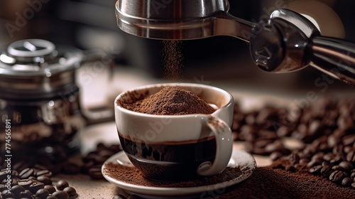 Barista pouring ground coffee into cup, closeup. Professional coffee brewing