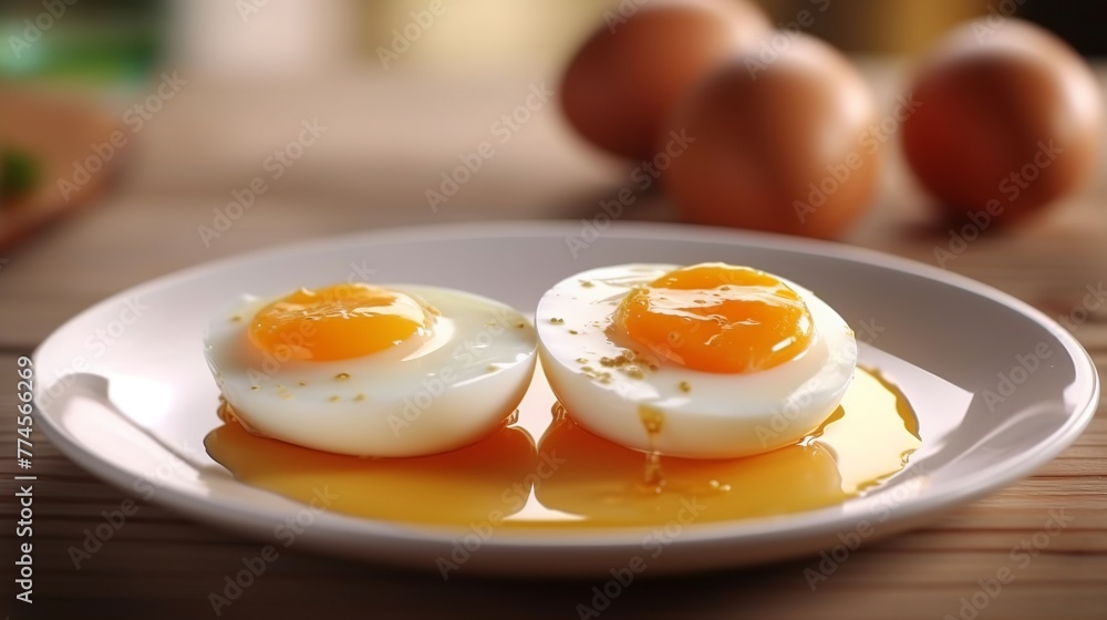 Boiled eggs on plate on wooden table, closeup. Healthy breakfast Boiled eggs on plate on wooden table, closeup. Healthy breakfast