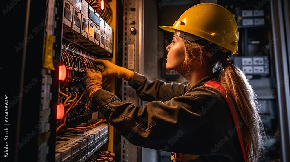 Serious female engineer working in server room. Young woman in hardhat and safety goggles standing near network switchboard. Industrial and technology concept Serious female engineer working in server room. Young woman in hardhat and safety goggles standing near network switchboard. Industrial and technology concept