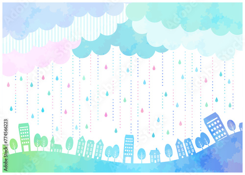 梅雨、背景、シルエット、水彩、街並み、かわいい、イラスト、横型、虹色