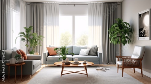 Interior of modern living room with orange sofa, coffee table and plants photo