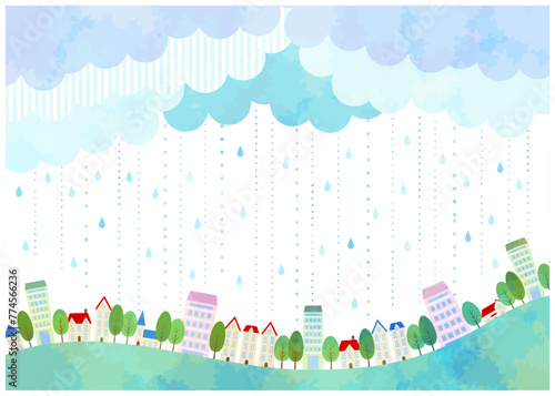 梅雨、背景、、水彩、街並み、かわいい、イラスト、横型