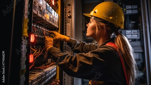Serious female engineer working in server room. Young woman in hardhat and safety goggles standing near network switchboard. Industrial and technology concept