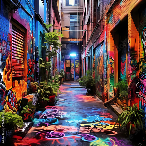 Vibrant street art in an urban alley.