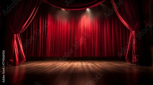 Red theater curtain with spotlights and wooden floor photo