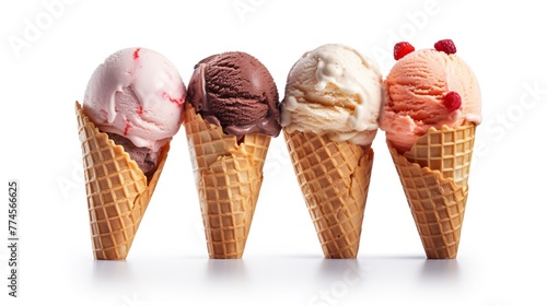 Three ice cream cones on a white background, close-up.