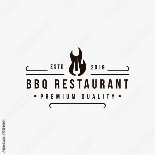 Vintage Grill Barbeque logo, bbq with fork and fire logo vector template on white background