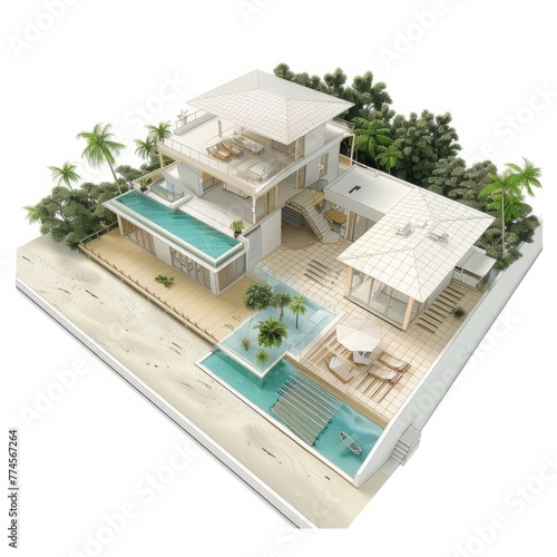 3D Render of a beachfront house positioned on an architectural technical plan, evoking a sense of coastal living and relaxation, on isolated white background, Generative AI