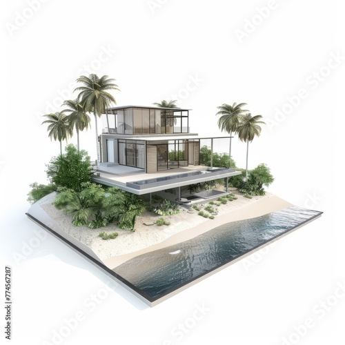 3D Render of a beachfront house positioned on an architectural technical plan, evoking a sense of coastal living and relaxation, on isolated white background, Generative AI