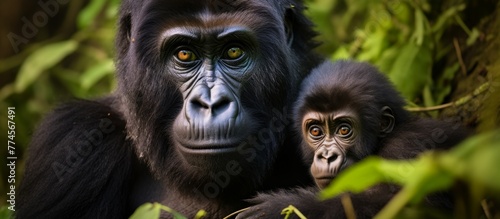 A mother gorilla and her baby gorilla are seen up close in a lush jungle environment, surrounded by green foliage and vegetation
