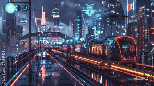 Futuristic cityscape with blockchain-powered public transport