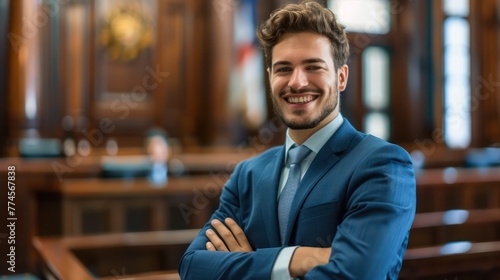 Professional photography of a young male lawyer smiling in a courtroom background photo