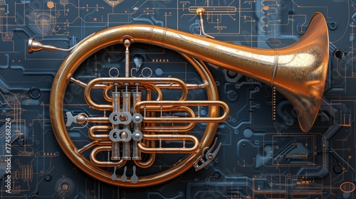 French horn, Music instrument conception, futuristic background photo