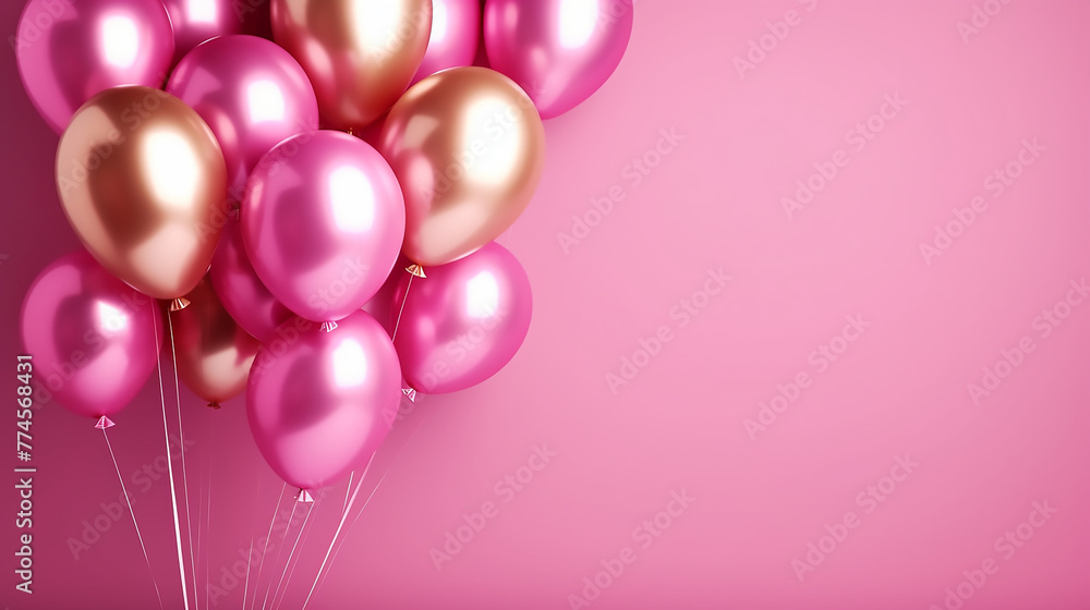 Bunch of shiny pink and golden balloons on magenta background. Card for 30 years anniversary for birthday, wedding or other events. Festive pink background with copy space. AI Generative