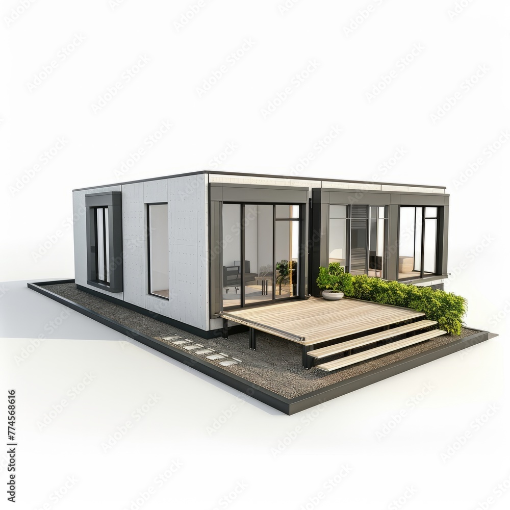 3D Render of a modular prefabricated home placed on an architectural layout, showcasing its customizable design and rapid construction process, on isolated white background, Generative AI