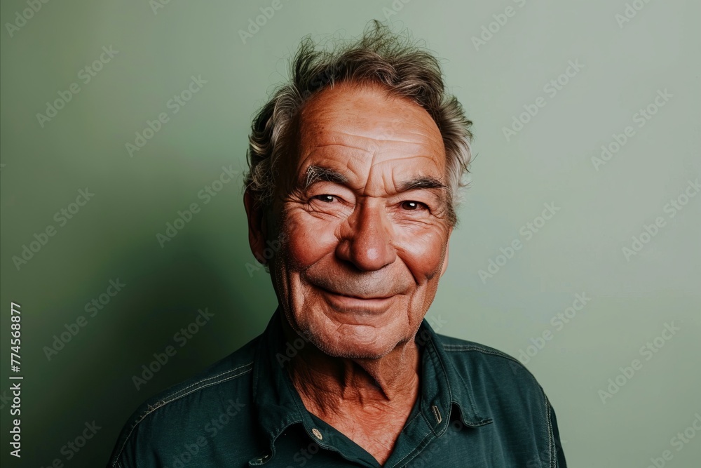 Close-up portrait of a senior man in a green shirt. Close-up portrait of a senior man in a green shirt.