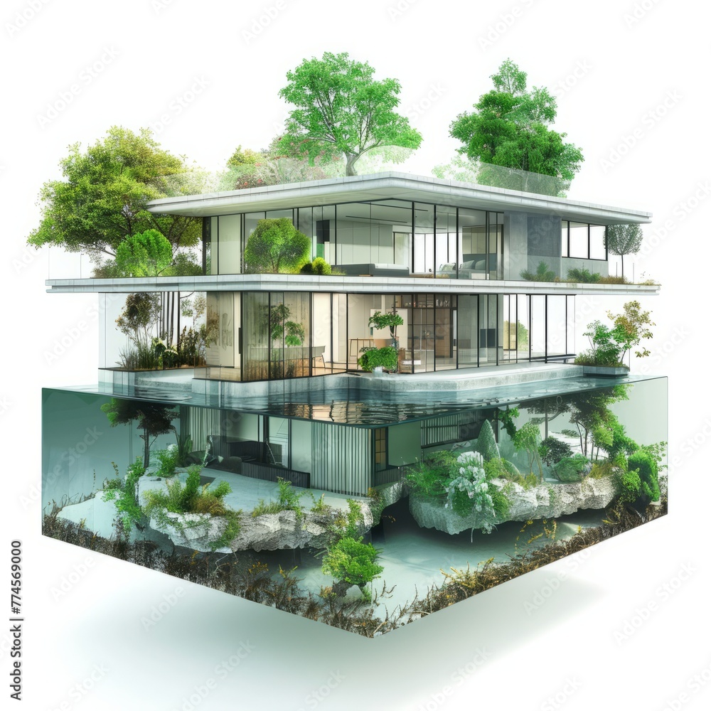 Obraz premium 3D Render of a waterfront residence placed on an architectural plan, capturing its panoramic views and seamless connection to the surrounding environment, on isolated white background, Generative AI