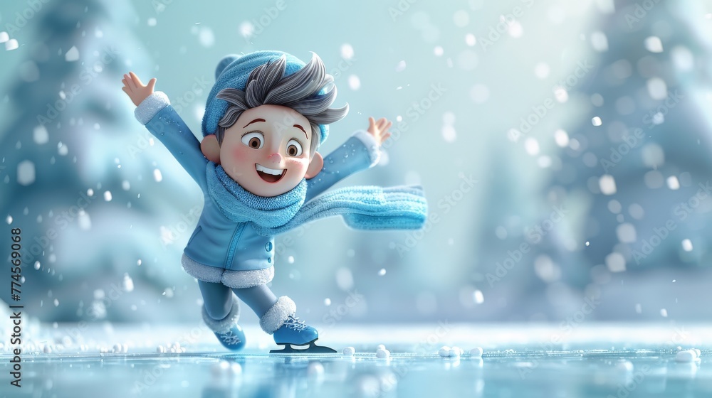3D Cartoon Child Ice Skating in Snowy Scene