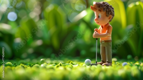 3D Cartoon Boy Playing Golf on Green Course