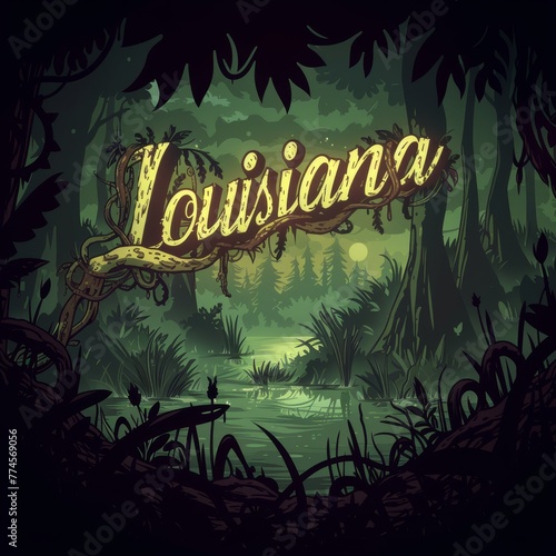 Mystical bayou scene with 'Louisiana' text, invoking the haunting charm of southern swamps at night photo