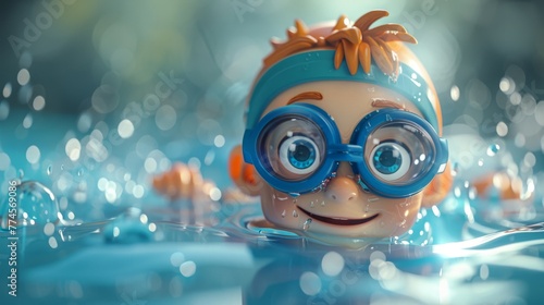 3D Cartoon Young Swimmer with Goggles in Pool
