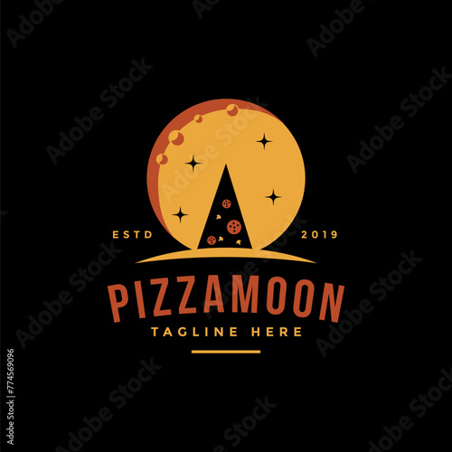 Vintage retro moon and pizza logo icon vector template on black background