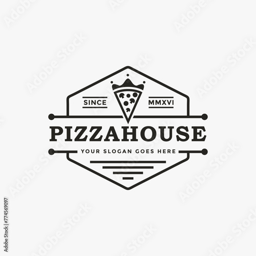Vintage retro seal emblem king crown and pizza logo icon vector template on white background