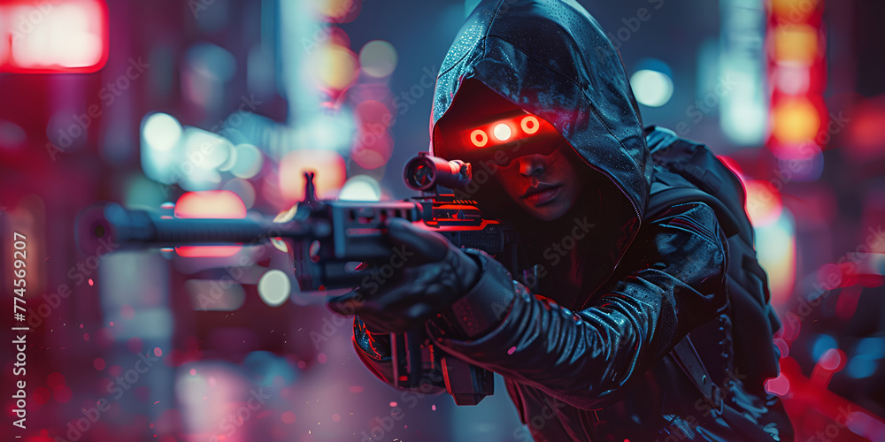 Futuristic woman in hooded leather jacket wears night vision helmet holds assault rifle. generative ai