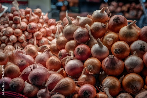 Abundance of onions displayed in vibrant market setting