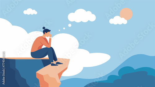 A person sitting on the edge of a cliff overlooking a scenic view with a thought bubble above their head containing negative thoughts and