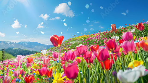 A panoramic view of a rolling hillside covered in colorful tulips under a bright  clear spring sky  fitting for an Easter greeting.